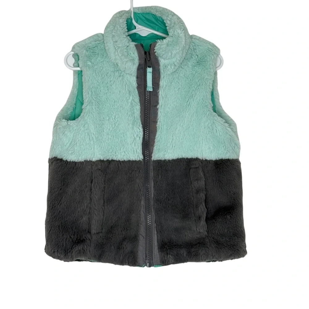 CAT &‎ JACK GIRL'S SLEEVELESS PUFFER JACKET VEST GREEN GRAY FAUX FUR SIZE XS 4/5